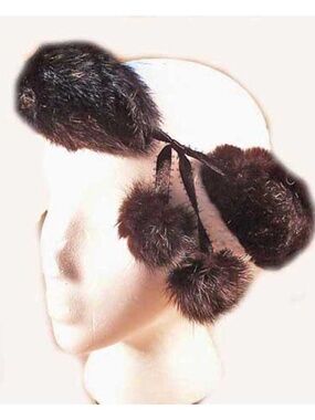 MUSKRAT FUR POM POM HEAD BAND, NEVER WORN, BLACK, ADJUSTABLE, ROUND FUR TUBE